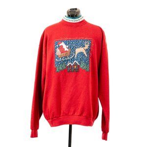 Vintage 90s Valorie's Folk Art Applique Sweatshirt Mock Neck Red Christmas Embro